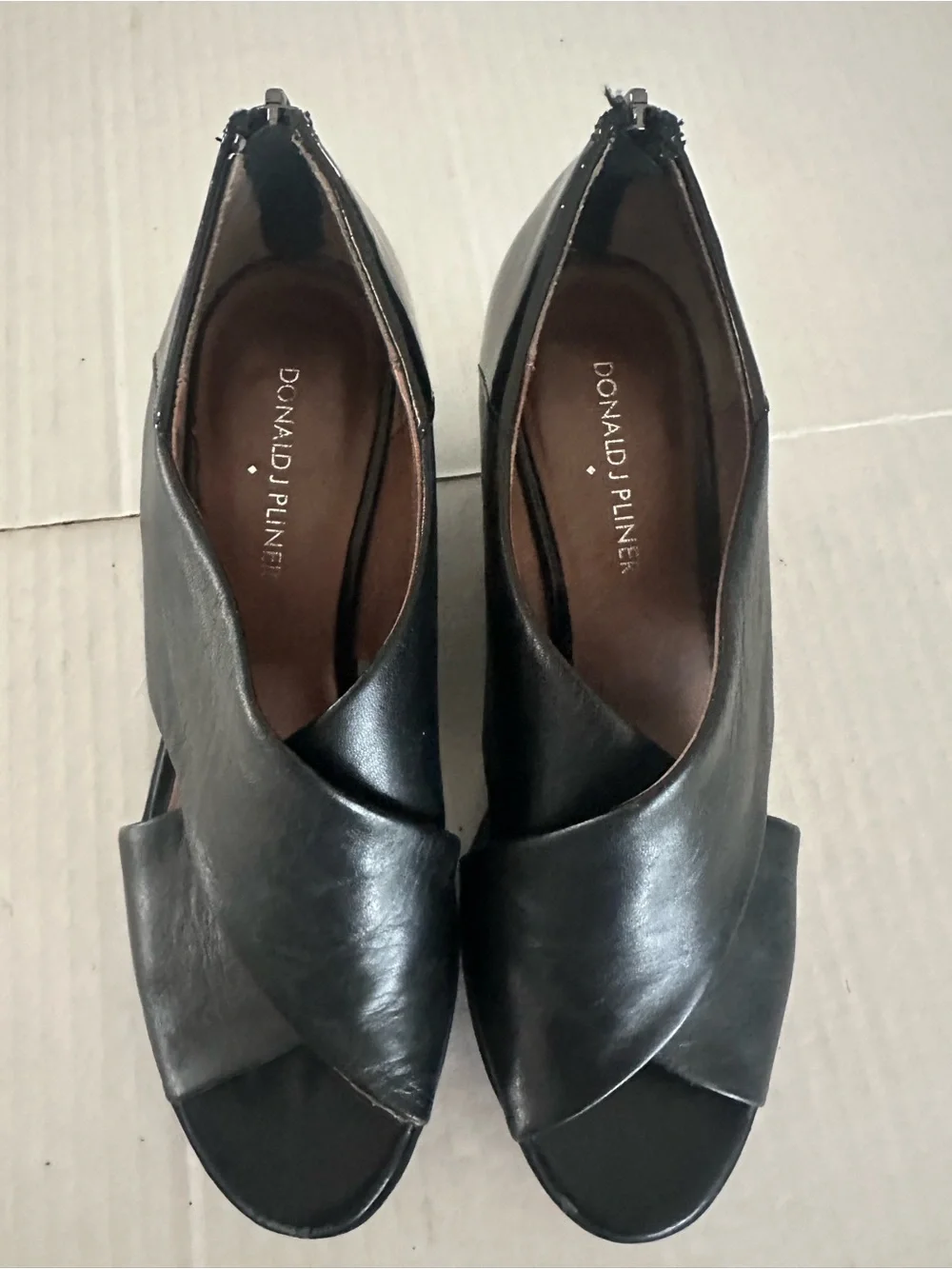 Donald J. Pliner Marti Black Leather Cross Strap Wedge Pumps Zip Back Close 6.5
